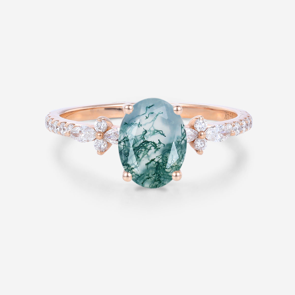 Oval Cut Natural Green Moss Agate Cluster Engagement Ring