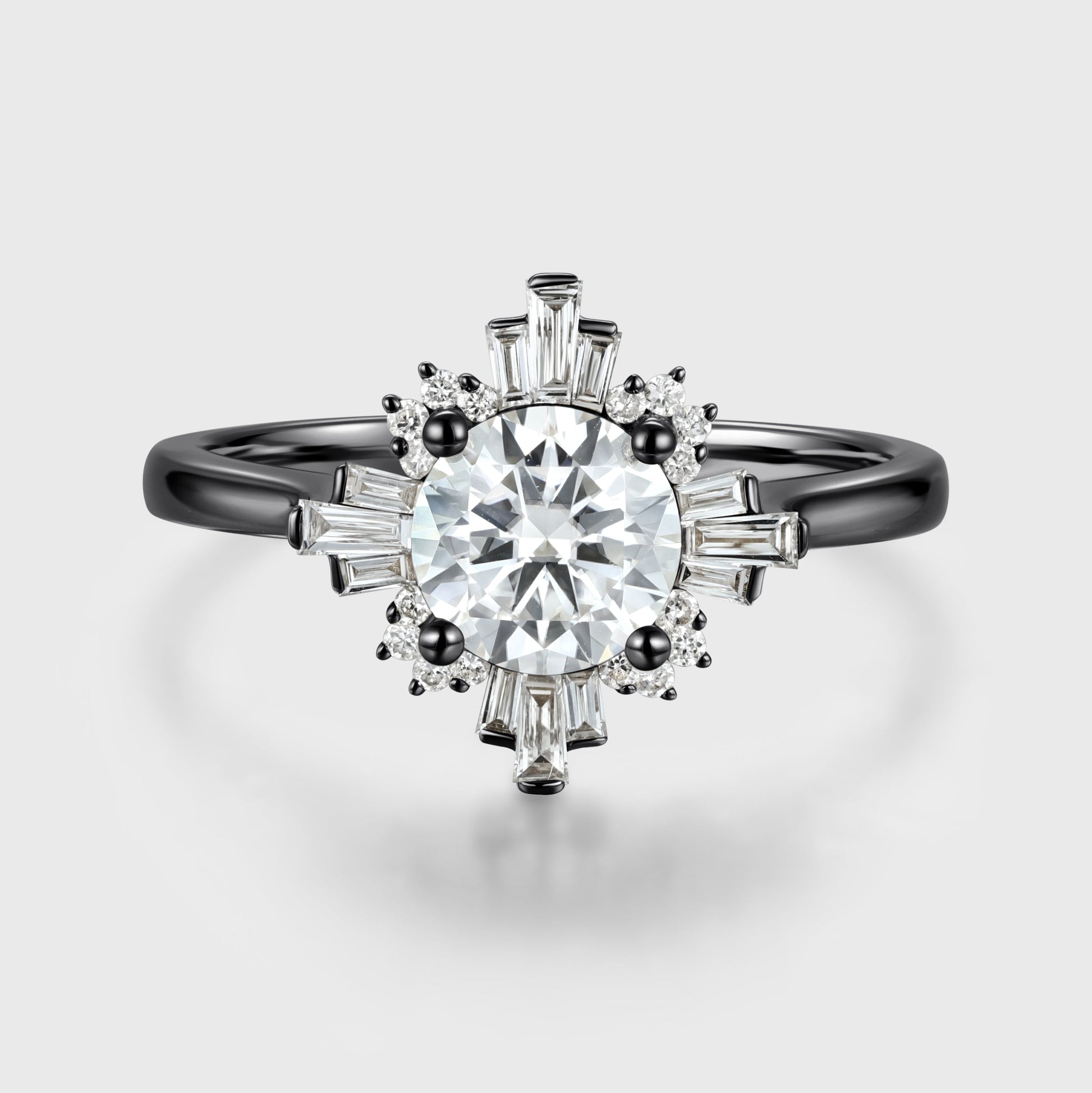 Round cut Moissanite Halo Baguette Engagement Ring