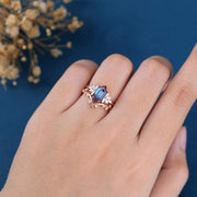 Long Hexagon cut Alexandrite Engagement Ring Bridal Set 