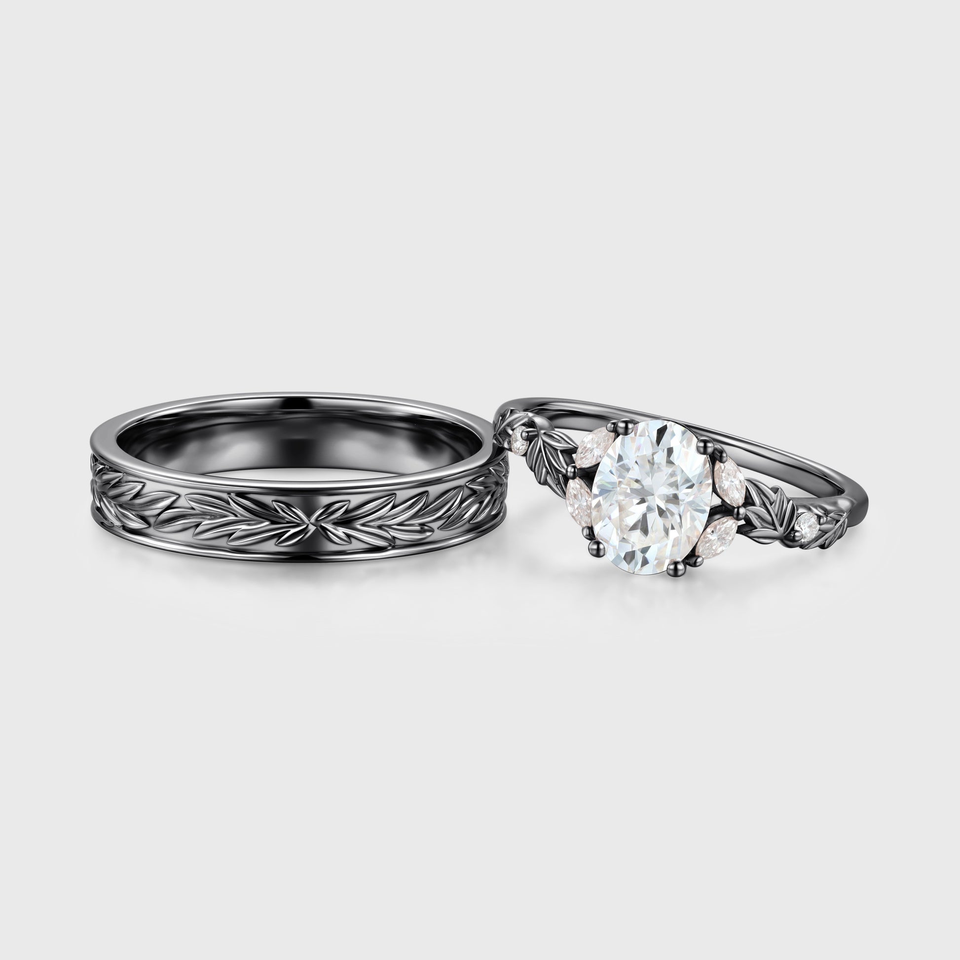 Nature Inspired Moissanite Couple Rings | D Color VVS1 | Rose Gold Leaf Wedding Bridal Set