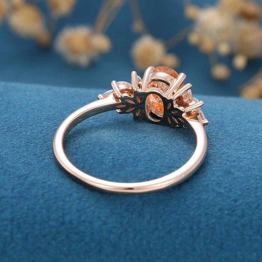 Oval cut Sunstone Cluster Engagement Ring 