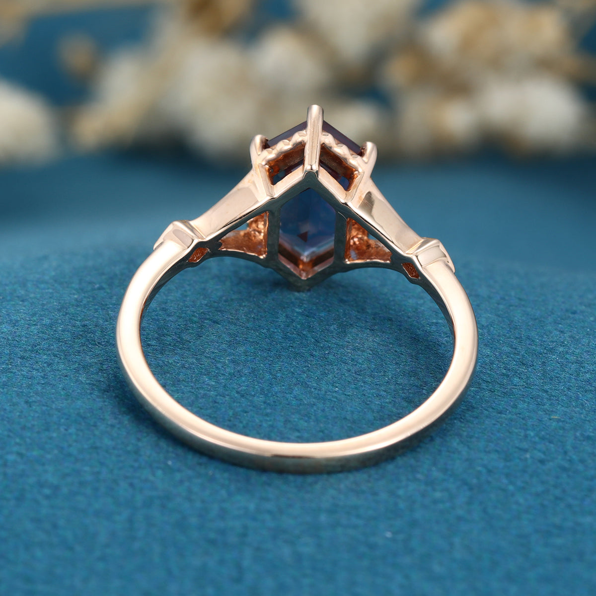 Hexagon cut Lab Alexandrite Solid Gold Engagement Ring