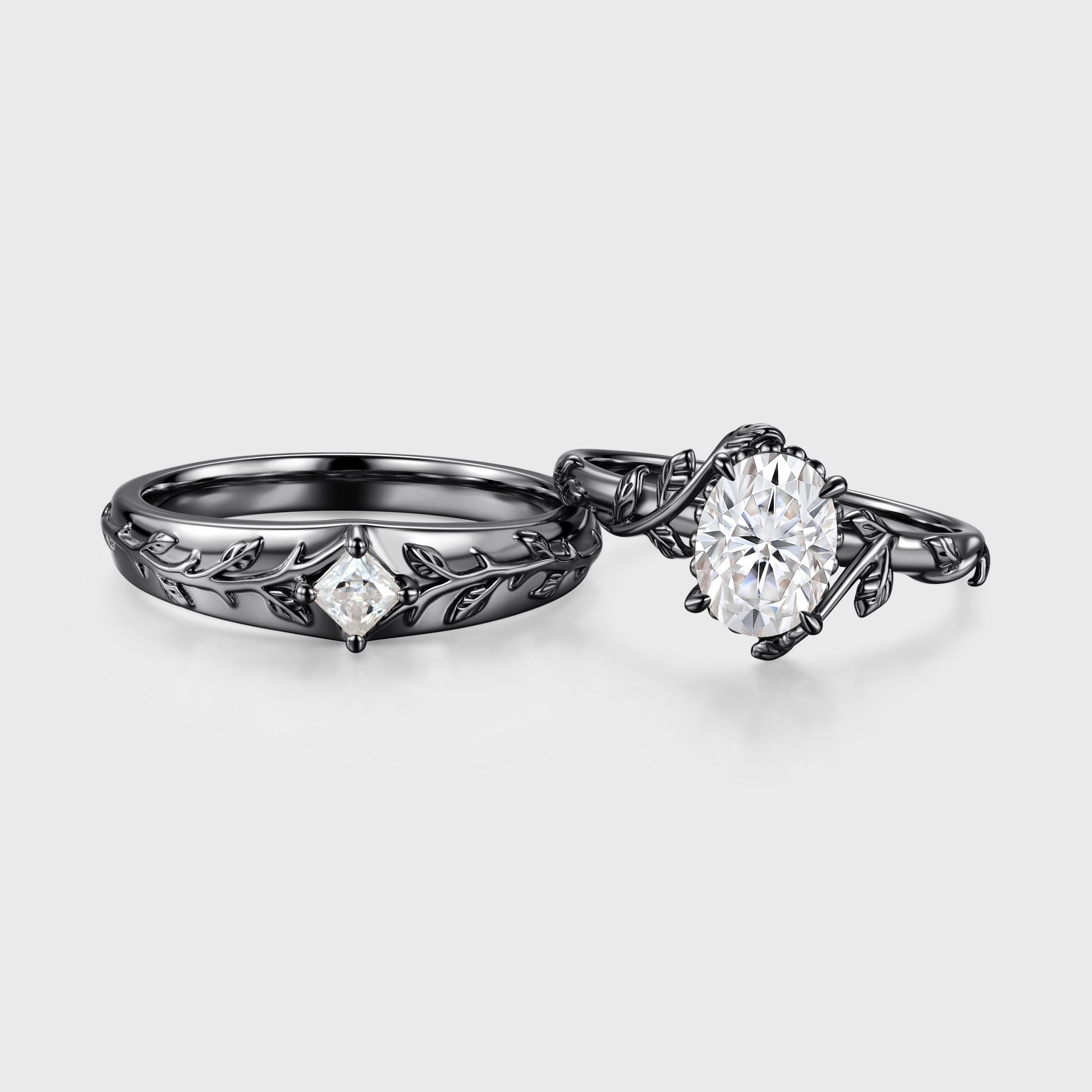 Nature Inspired Moissanite Couple Rings | D Color VVS1 | Rose Gold Leaf Wedding Bridal Set