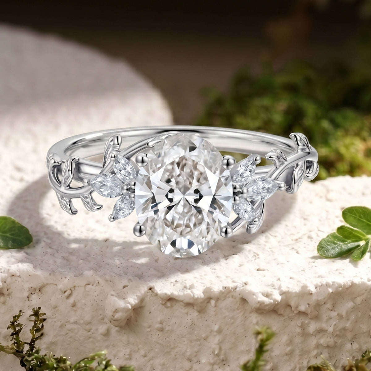 1.0CT~5.0CT Oval cut Lab grown diamond Leaf Engagement Ring Nature Inspired Band