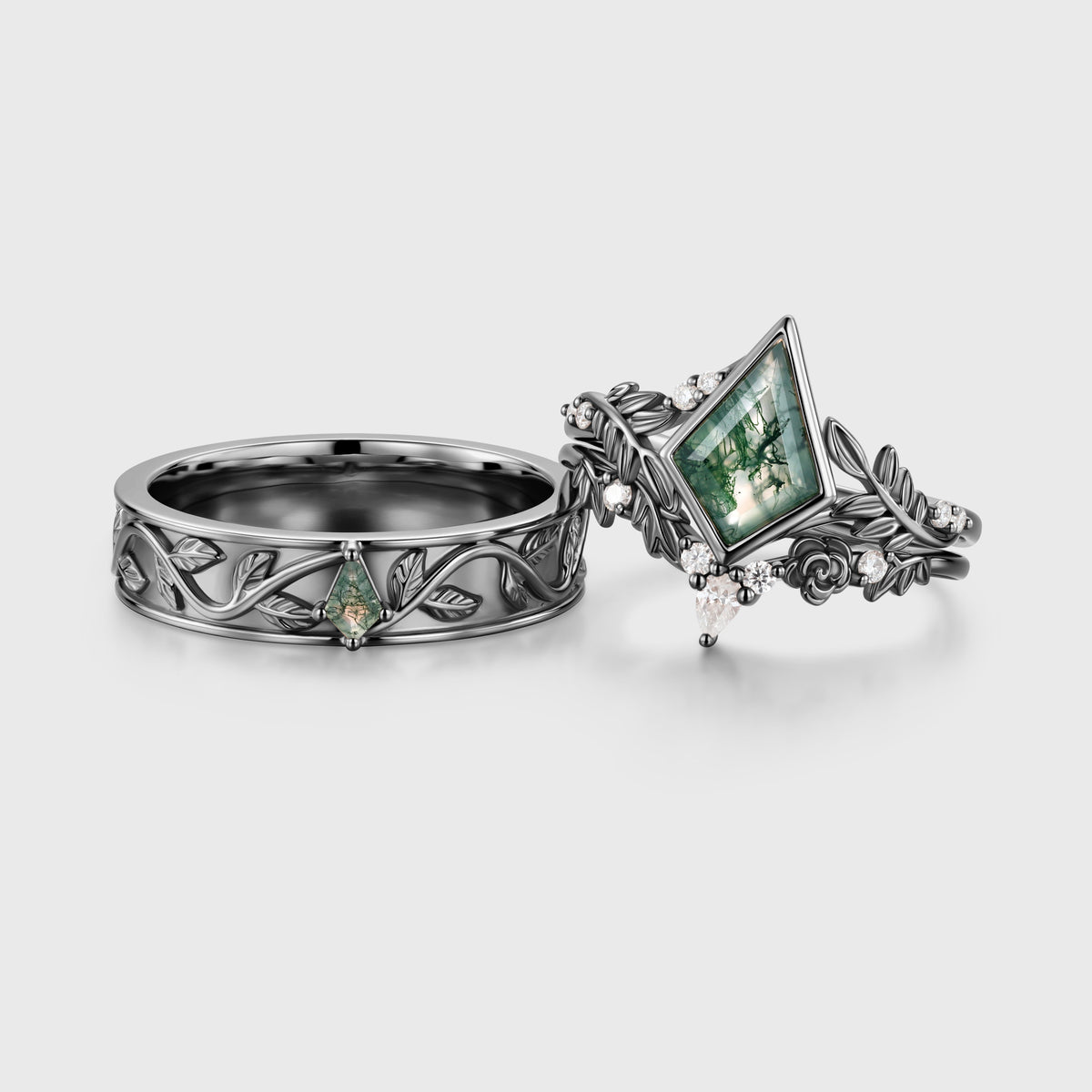 Kite Moss Agate Couples Ring Set- His and Hers Wedding Band Solid Gold Matching Promise Rings