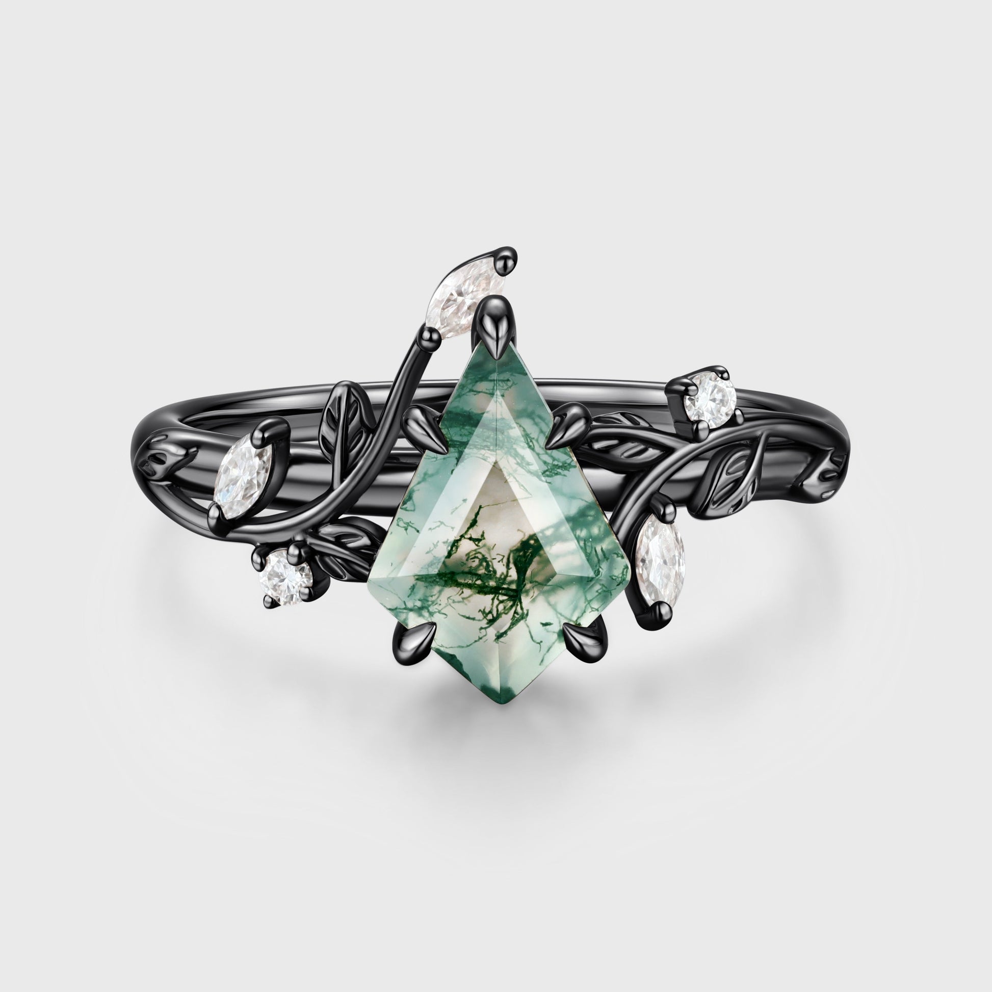 Nature Inspired Kite cut Moss Agate Leaf Gold Engagement Ring