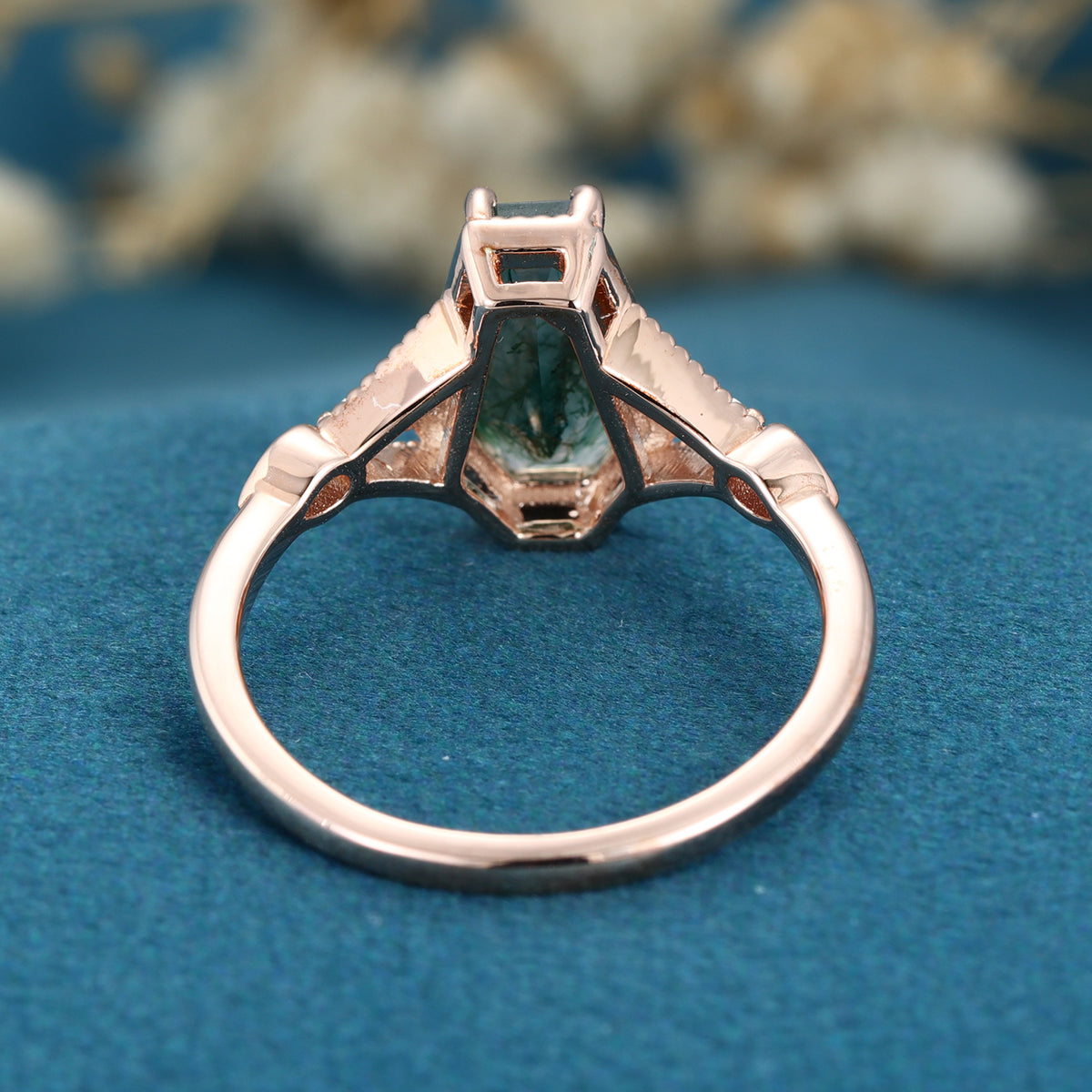 Coffin cut Moss Agate Solid Gold Engagement Ring