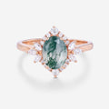 Oval Cut Natural Green Moss Agate Cluster Engagement Ring