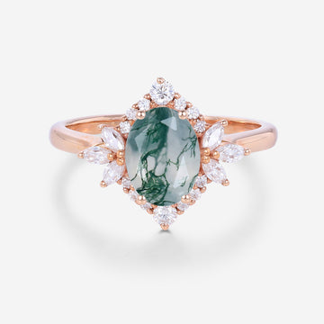 Oval Cut Natural Green Moss Agate Cluster Engagement Ring