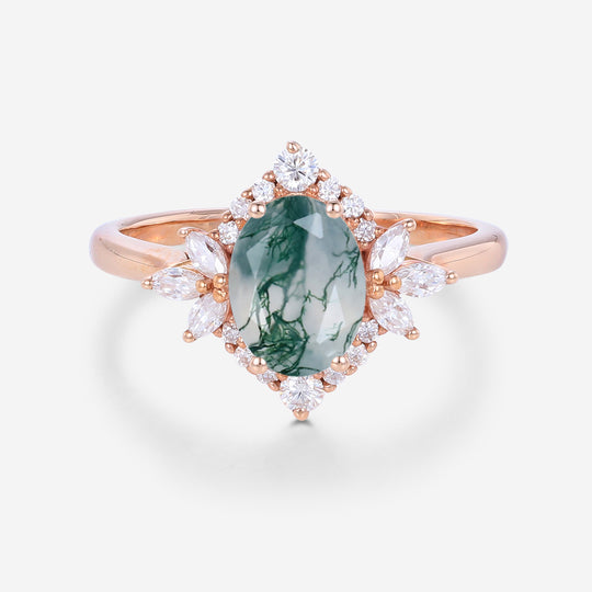 Oval Cut Natural Green Moss Agate Cluster Engagement Ring