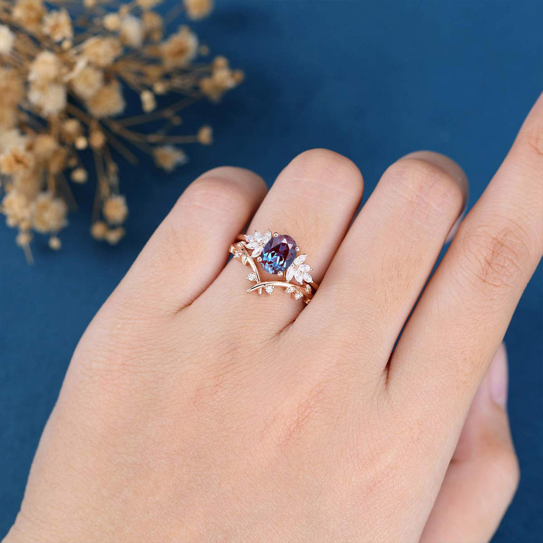 Oval cut Lab Alexandrite Cluster Engagement Ring Bridal Set