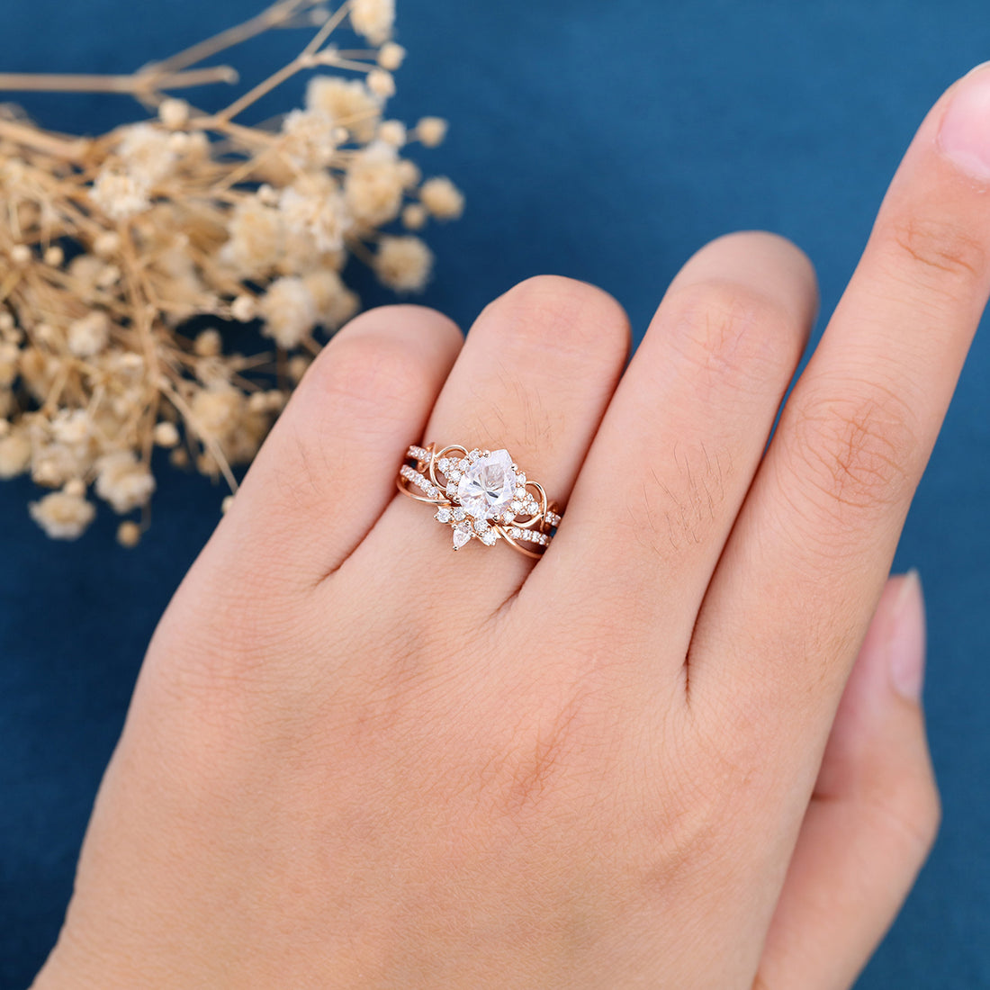 Pear cut Moissanite Engagement ring Bridal Set