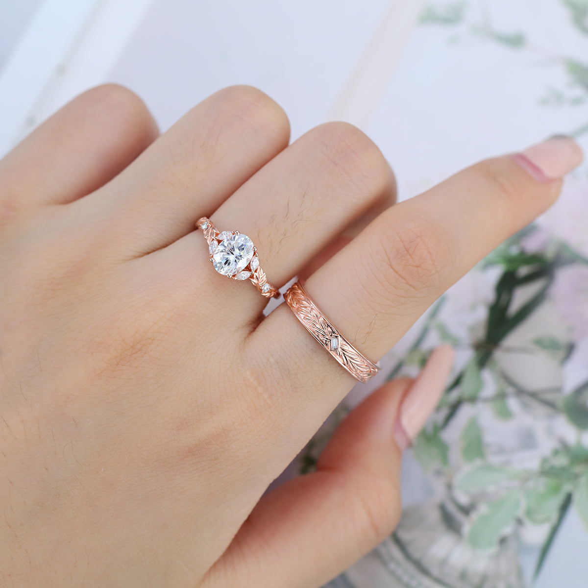 Nature Inspired Moissanite Couple Rings | D Color VVS1 | Rose Gold Leaf Wedding Bridal Set