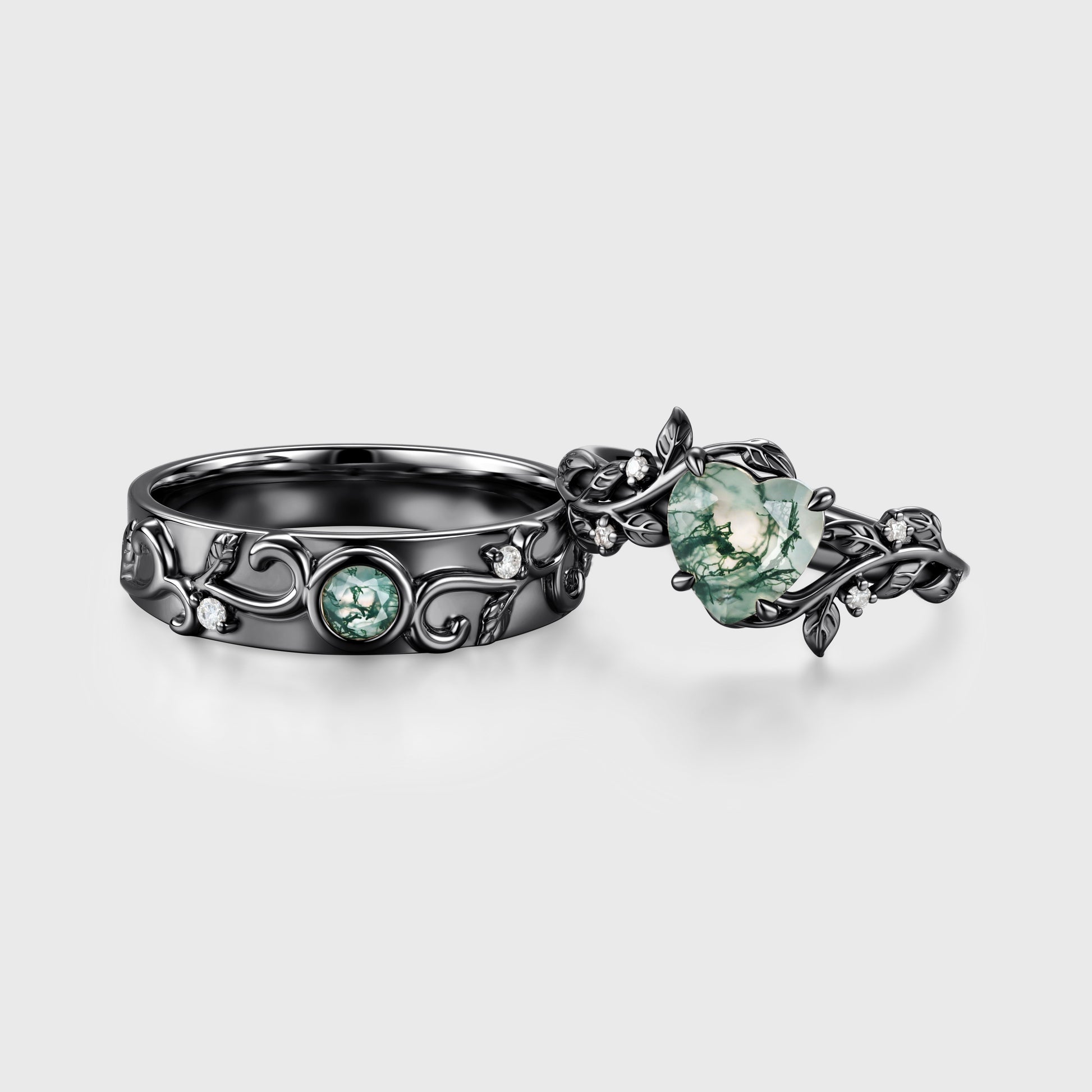 Forever Glow Moss Agate Couple Rings | Rose Gold Leaf Wedding Bridal Set
