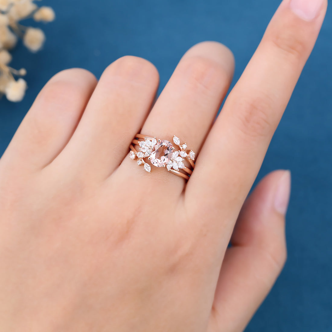 1.1Carat Vintage Oval cut Morganite Cluster Engagement Ring Set