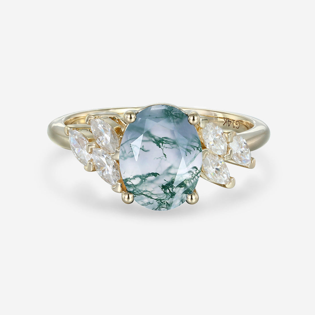 Oval Cut Natural Green Moss Agate Cluster Engagement Ring