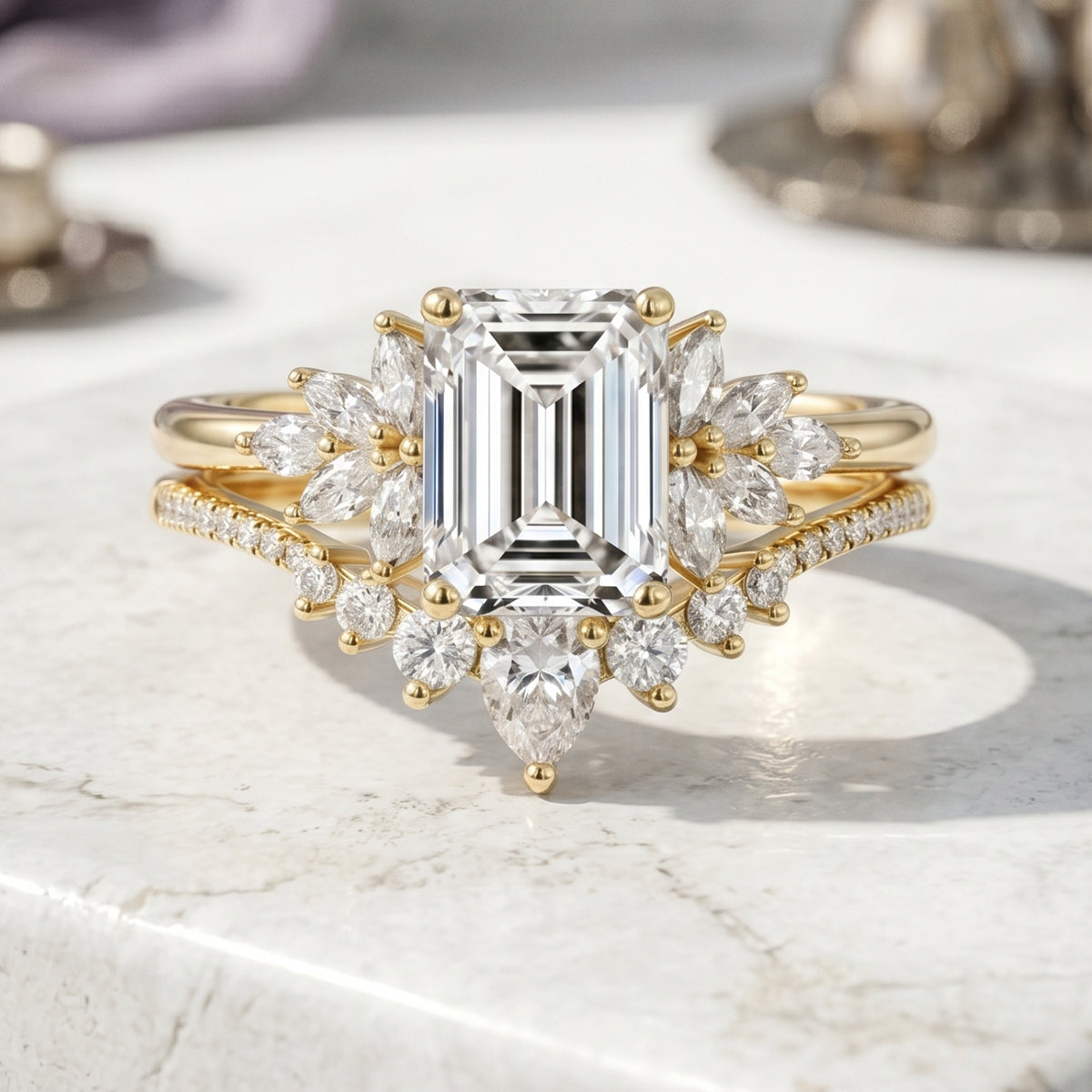 1.0CT~5.0CT Emerald cut Lab grown Diamond Cluster Engagement Ring Set