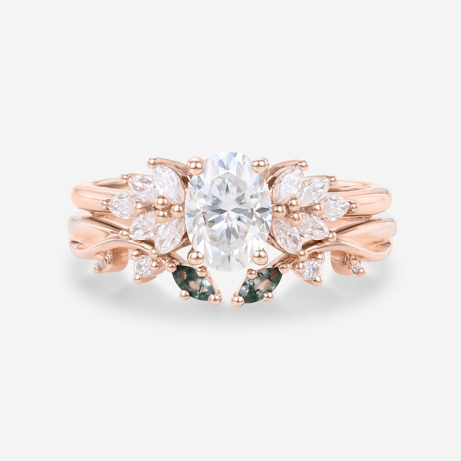 Oval cut 1.0 Carat Lab-Grown Diamond+Moss agate Wedding Bridal set