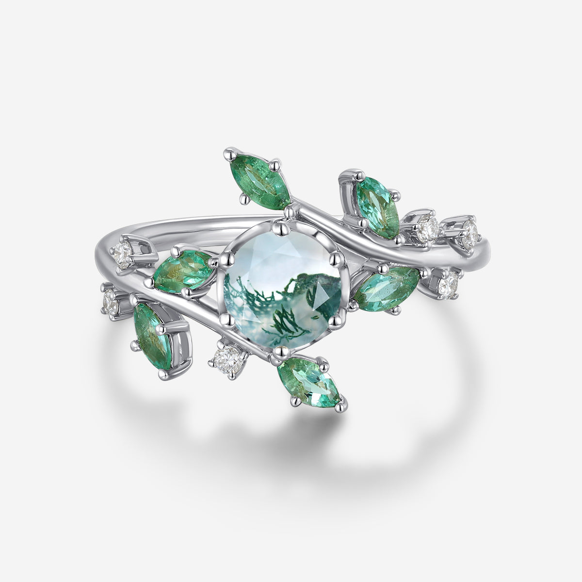 Nature Inspired Round cut Moss Agate cluster Gold Engagement Ring