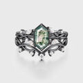 Hexagon cut Moss Agate Side Stone Bridal Set