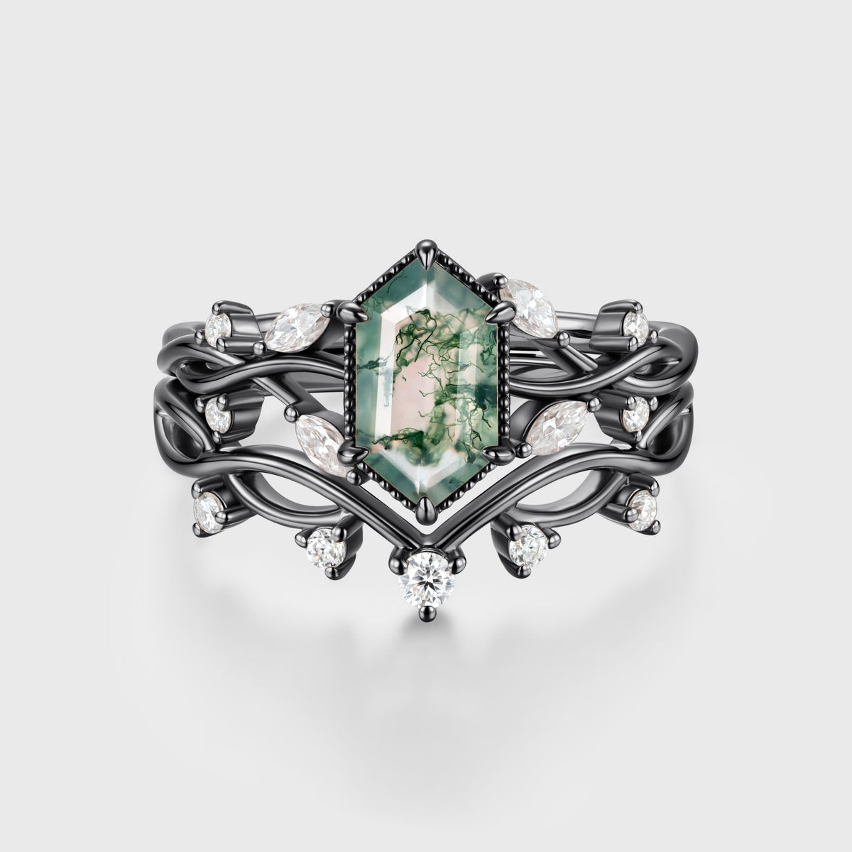 Hexagon cut Moss Agate Side Stone Bridal Set