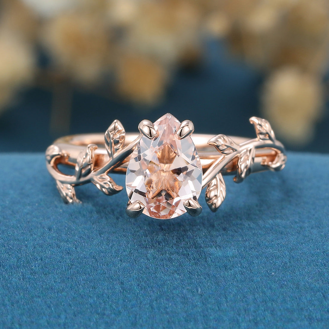 Inspired Pear cut Pink Morganite Solid Gold Engagement Ring