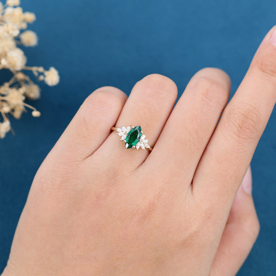 Inspired Marquise cut Lab Emerald Solid Gold Engagement Ring