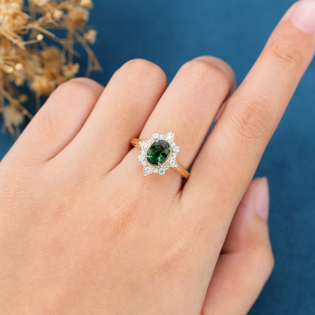 Oval cut Blue green sapphire Halo Mossanite | Diamonds Engagement ring