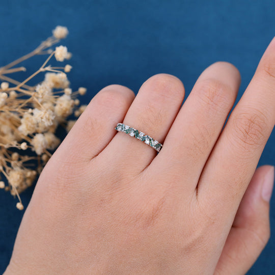 Baguette Moss Agate Matching Moissanite | Diamond Half Eternity Wedding Band