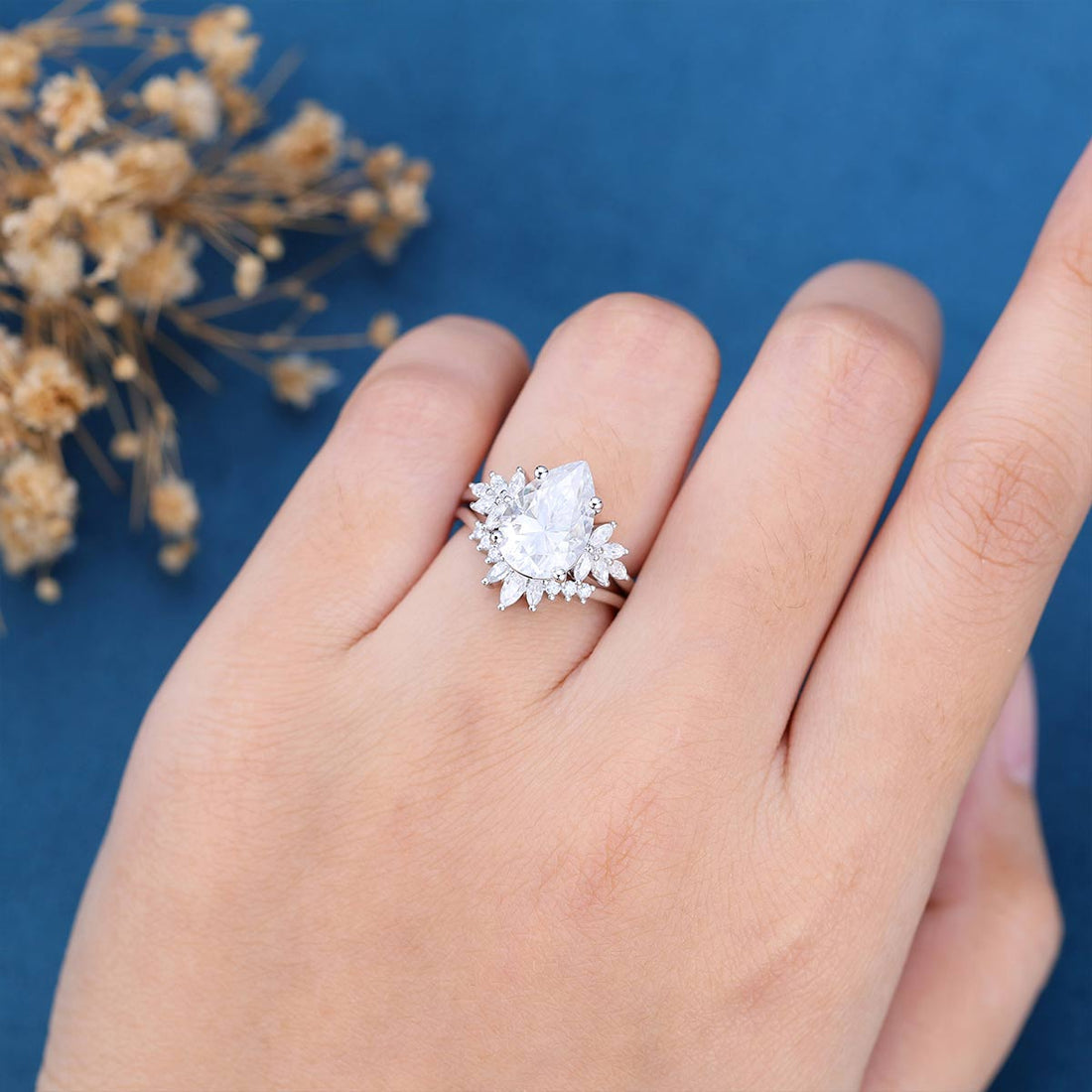 Pear cut Moissanite Cluster Engagement ring Bridal Set