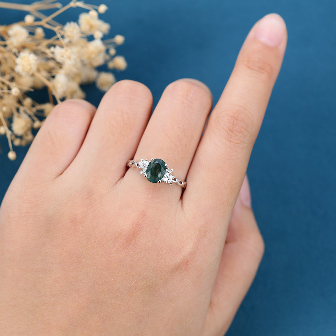 Oval Cut Moss Agate Leaf Engagement ring