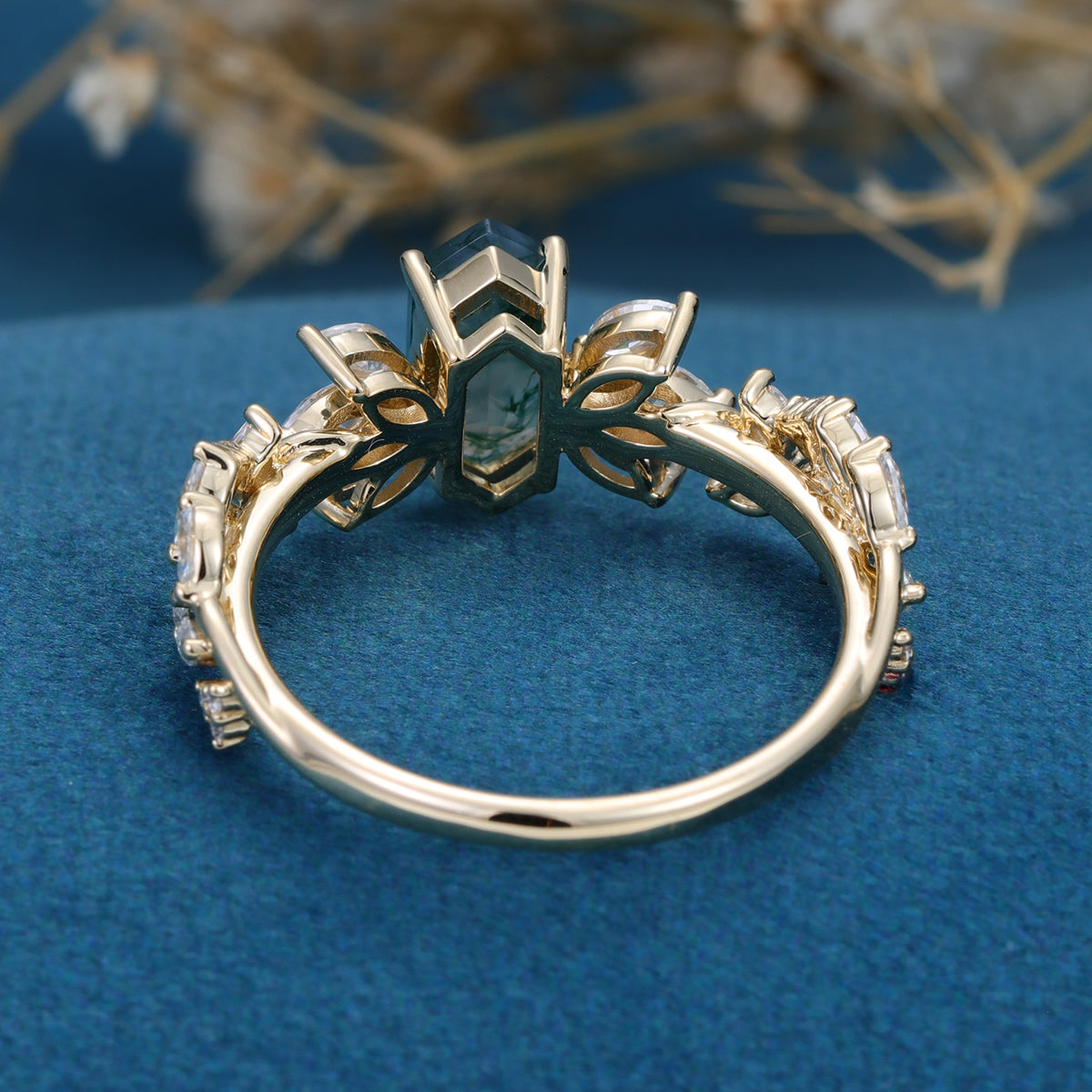 Long Hexagon cut Moss Agate Gold Engagement Ring