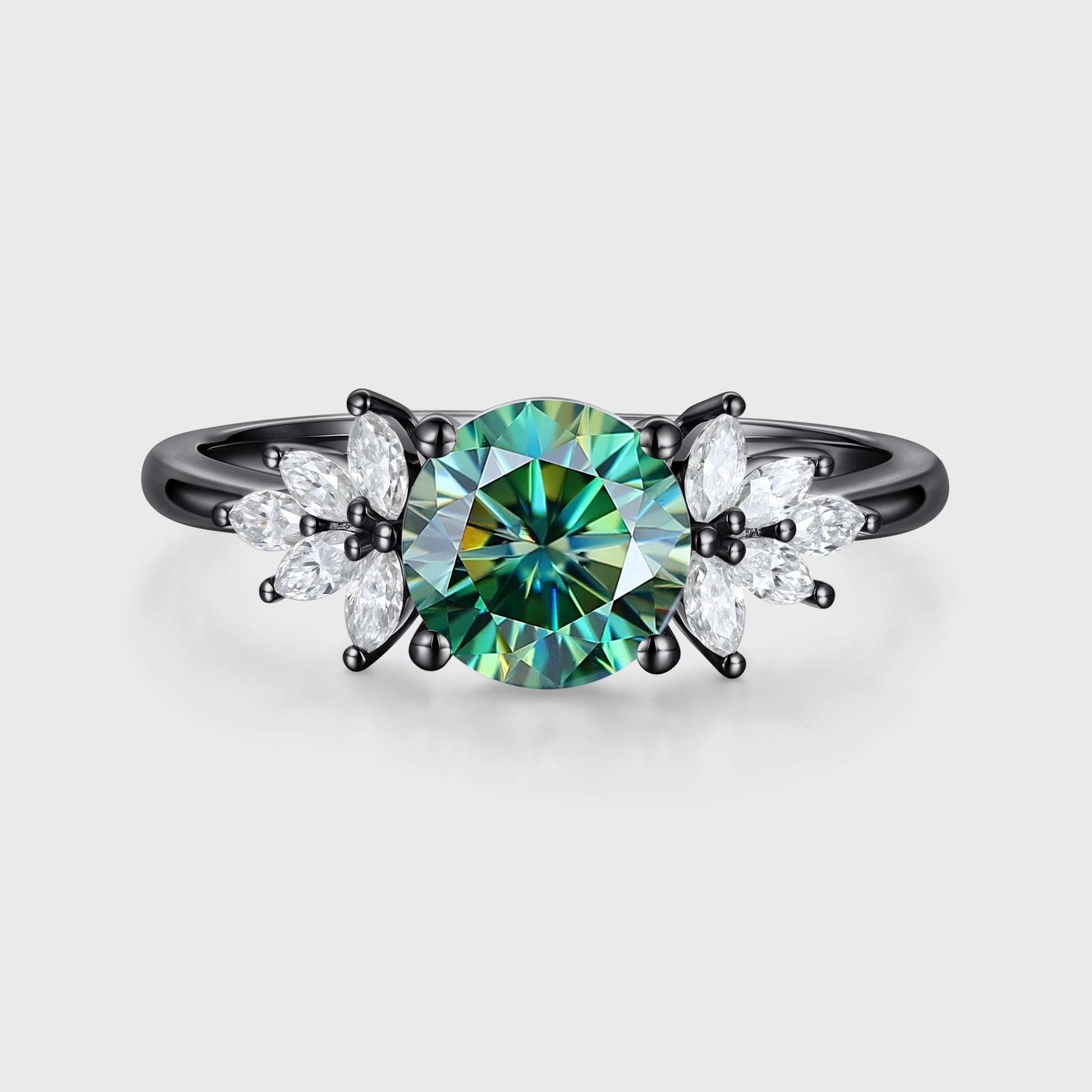 Round cut Green Moissanite Cluster Engagement Ring