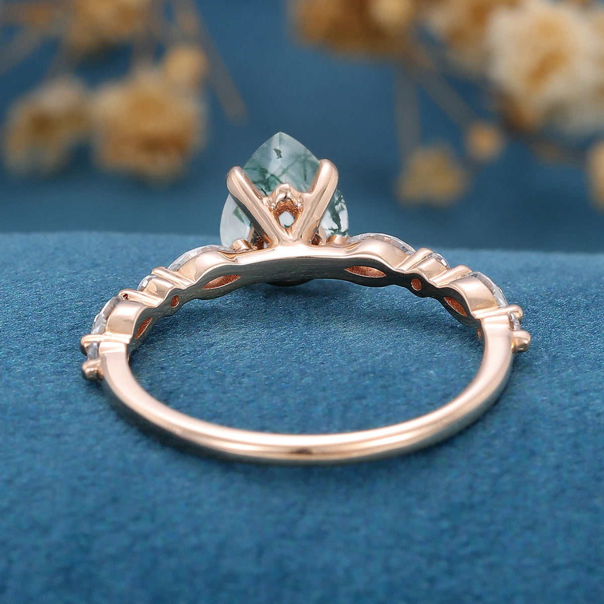 Natural Green Moss Agate pear cut cluster Engagement Ring 