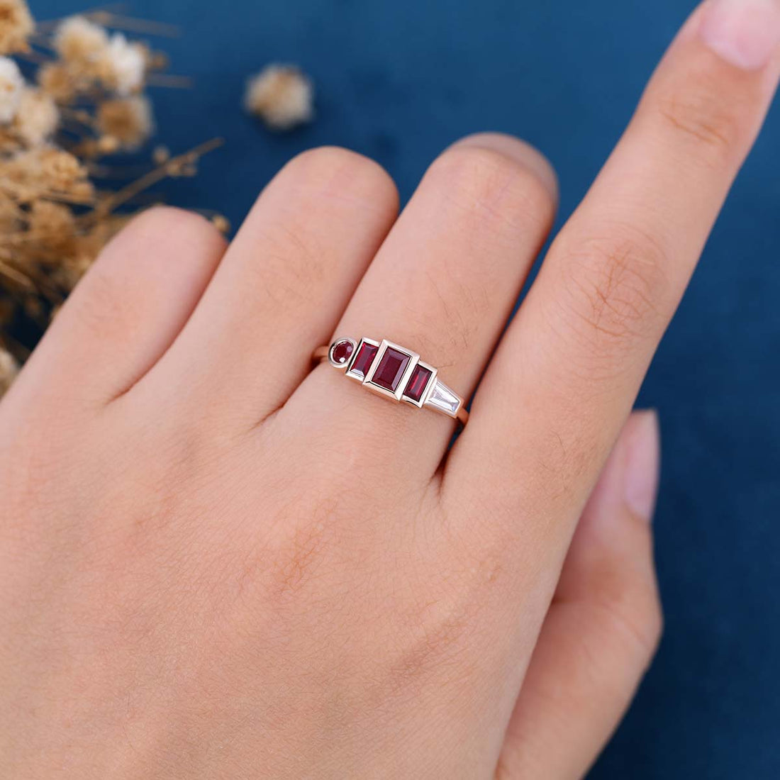 Bezel setting Tapered Baguette cut Natural Ruby Gold Engagement Ring