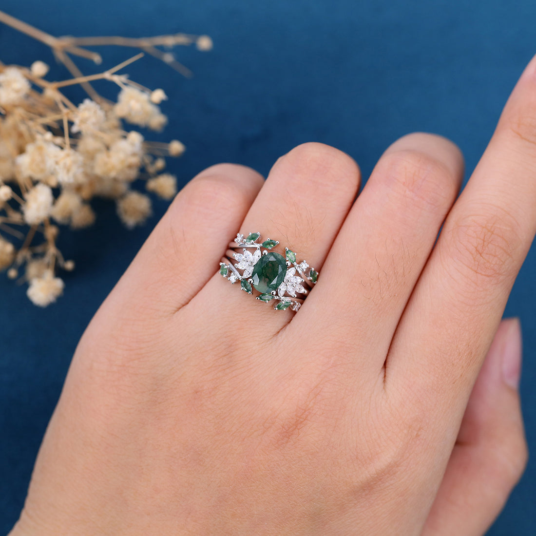 1.5Carat Oval Cut Moss Agate Cluster Engagement ring Bridal Set