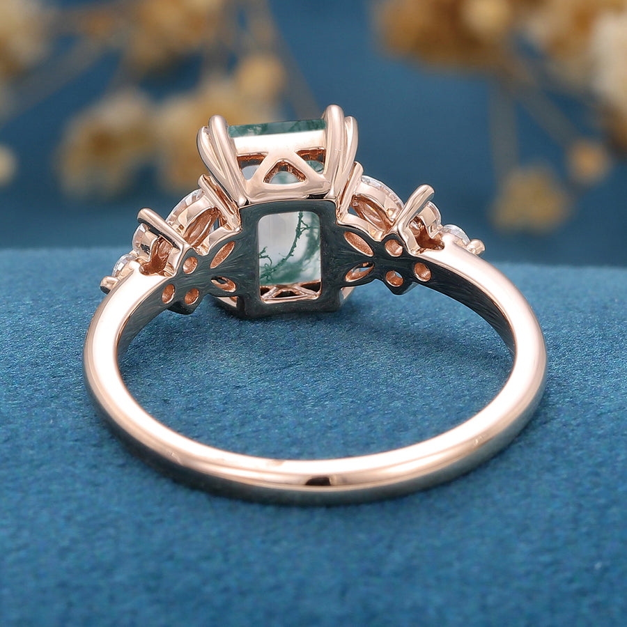 Natural Green Moss Agate Emerald cut cluster Engagement Ring 