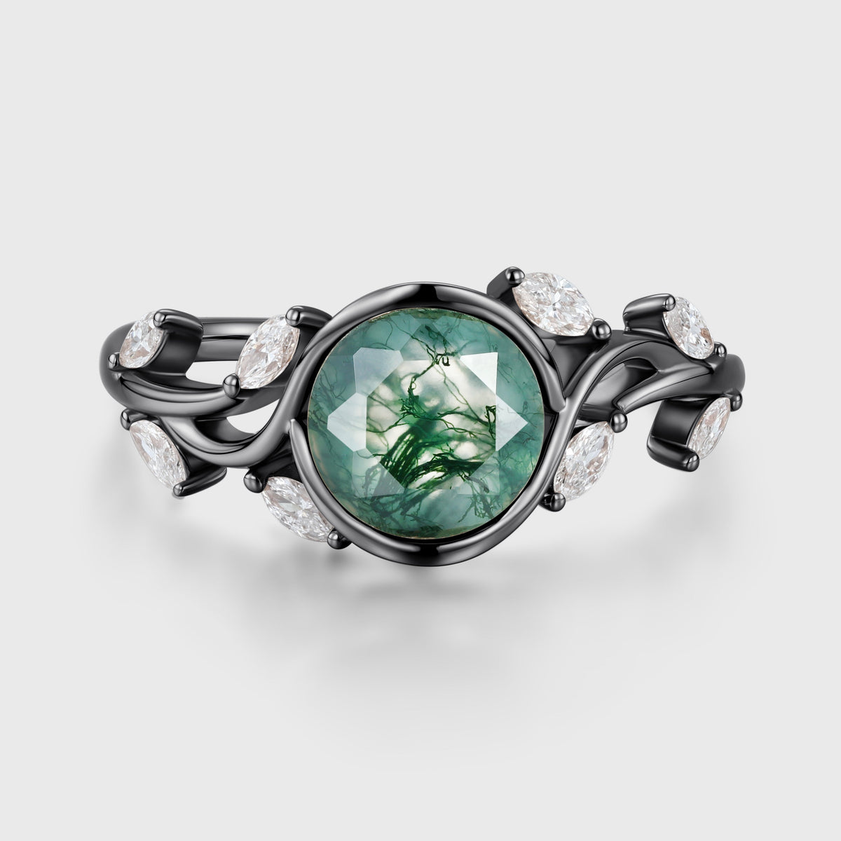 Nature Inspired Round cut Moss Agate Leaf Gold Engagement Ring