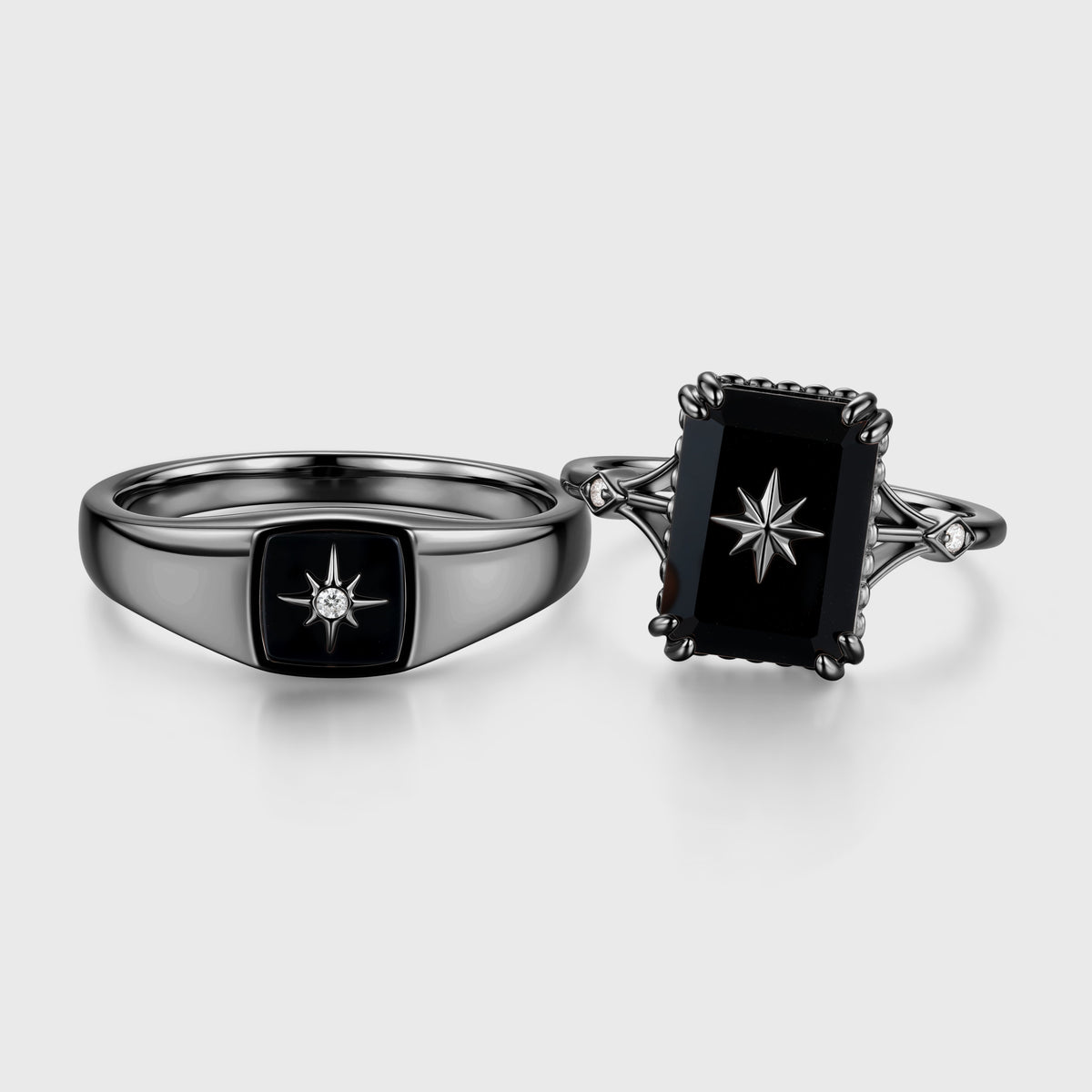 Emerald cut Black Onyx Rose Gold Couples Ring Set