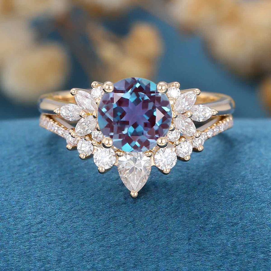 1.0Carat  Round Alexandrite Cluster Engagement Bridal Set