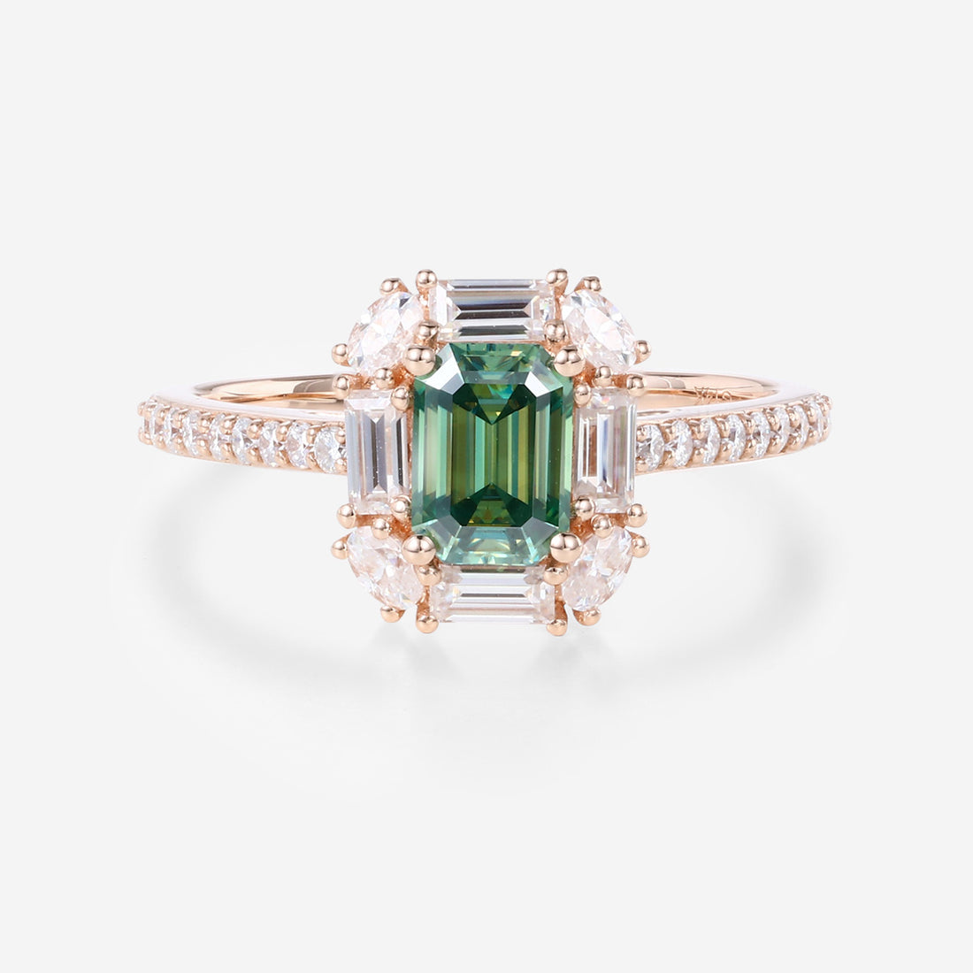 Emerald Cut Green Moissanite Rose Gold Halo Ring Half Eternity Moissanite Engagement Ring