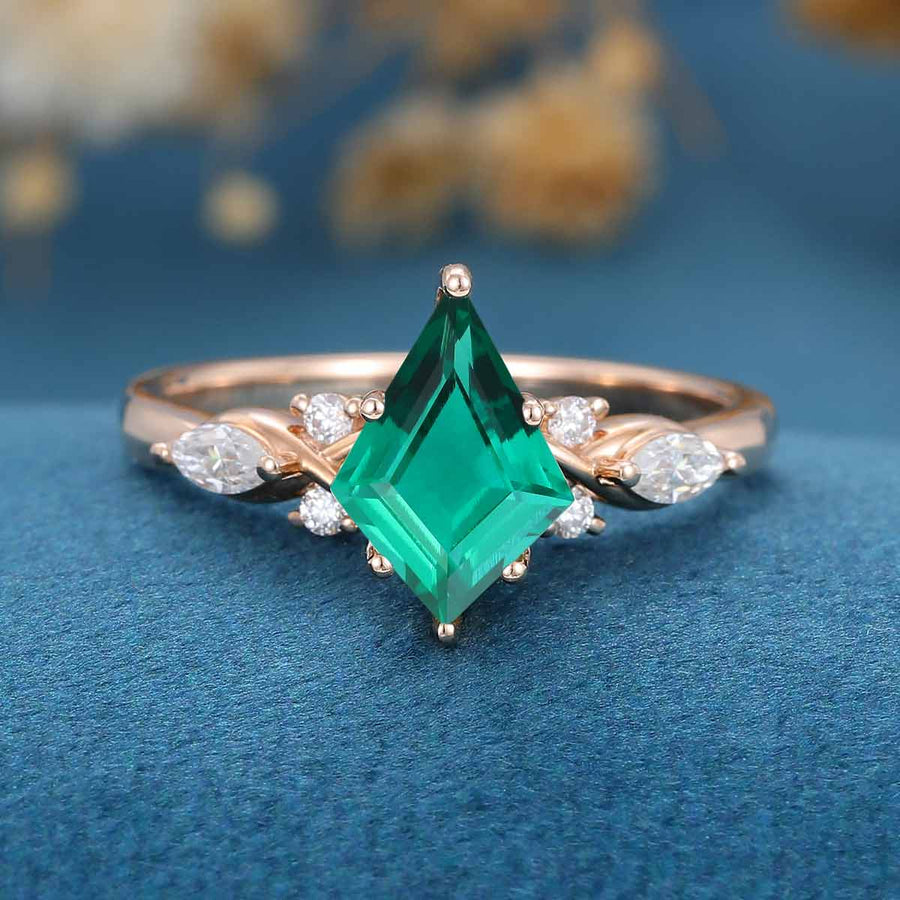 Kite Cut Lab Emerald Cluster Engagement Ring