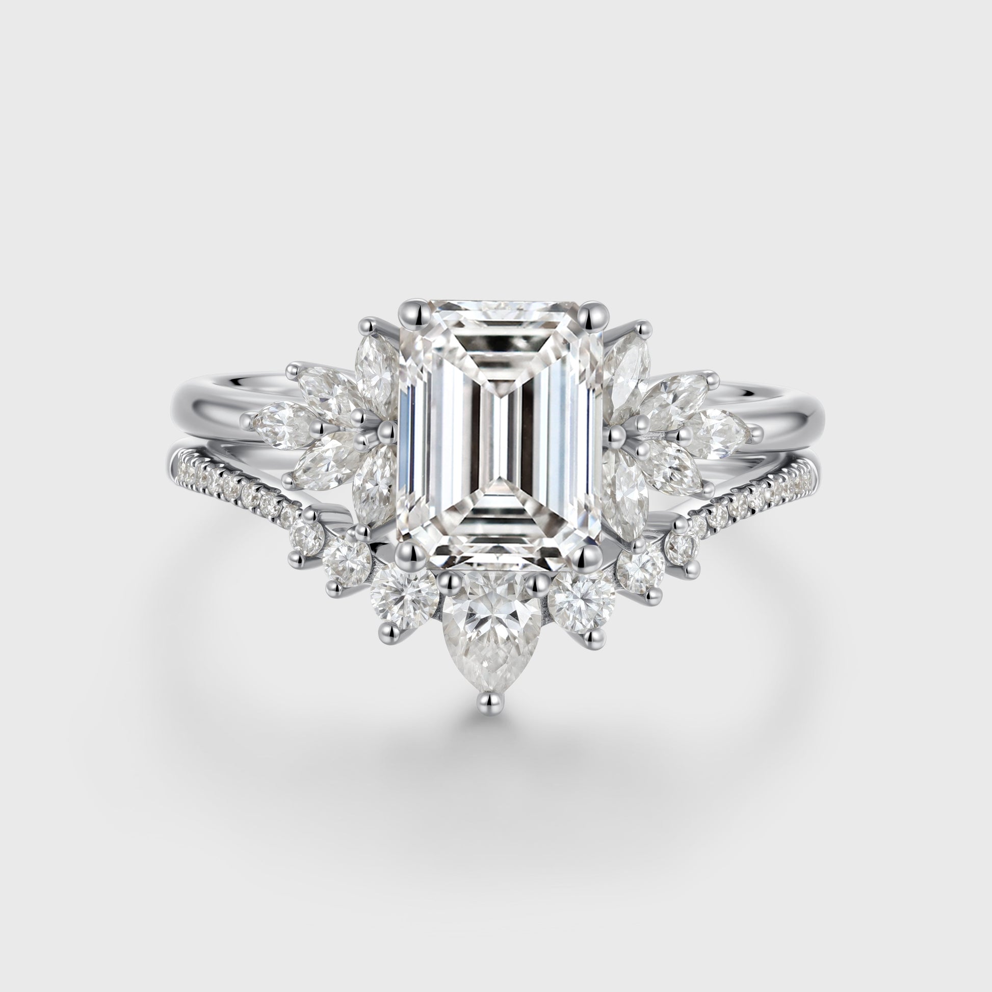1.0CT~5.0CT Emerald cut Lab grown Diamond Cluster Engagement Ring Set
