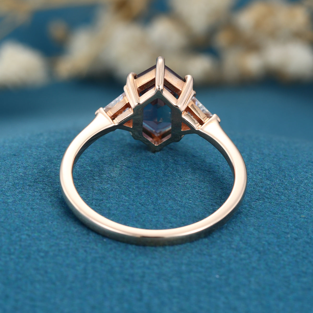 Hexagon cut Lab Alexandrite Solid Gold Engagement Ring