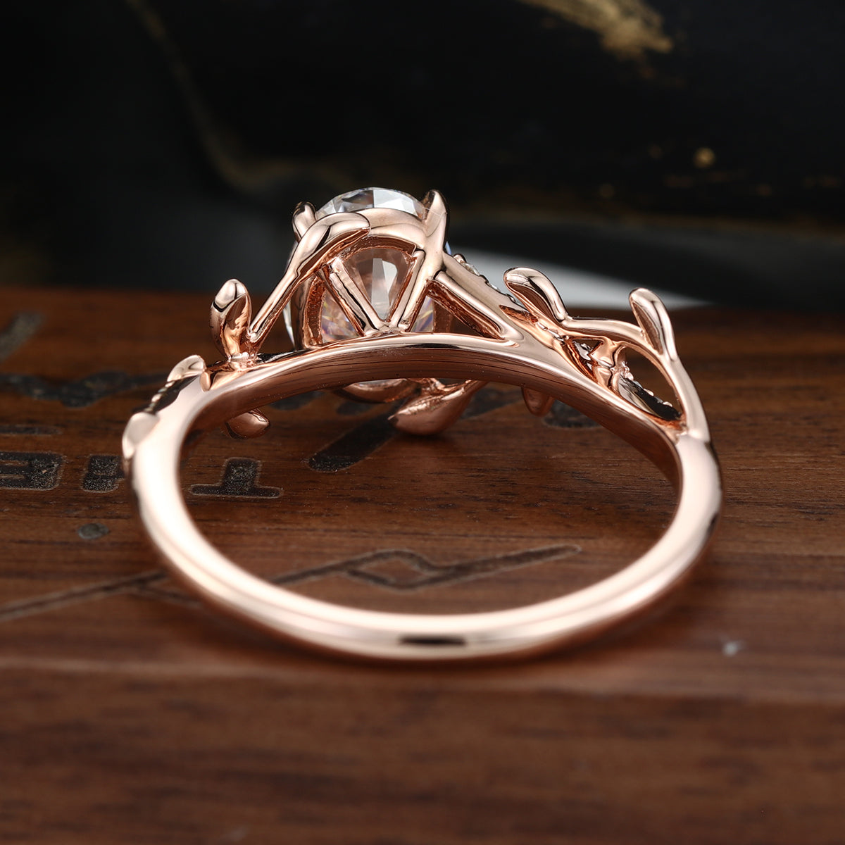 Nature Inspired Oval cut Moissanite Leaf Gold Engagement Ring