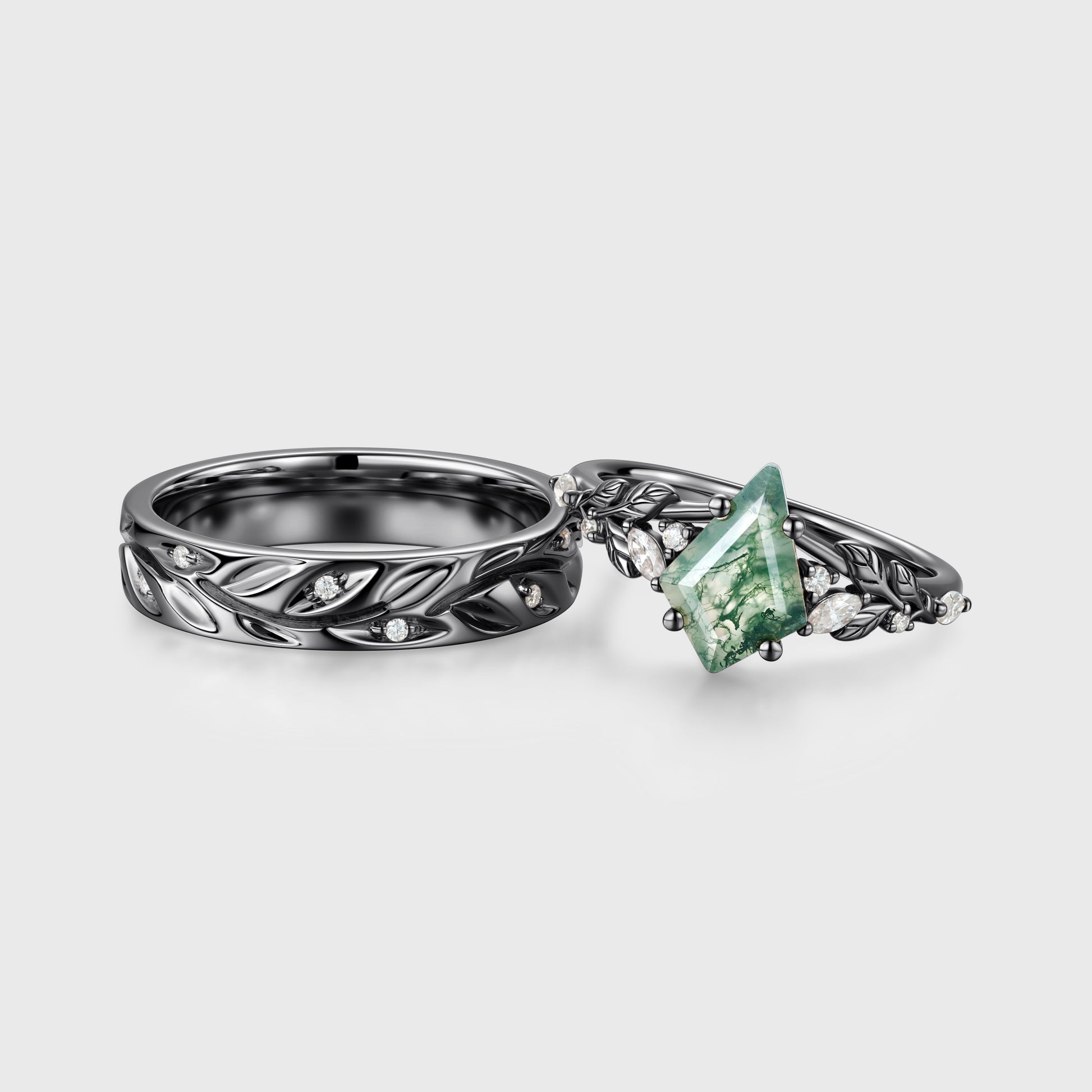 Forever Glow Moss Agate Couple Rings | Rose Gold Leaf Wedding Bridal Set
