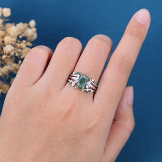 1.5Carat Oval Cut Moss Agate Cluster Engagement ring Bridal Set