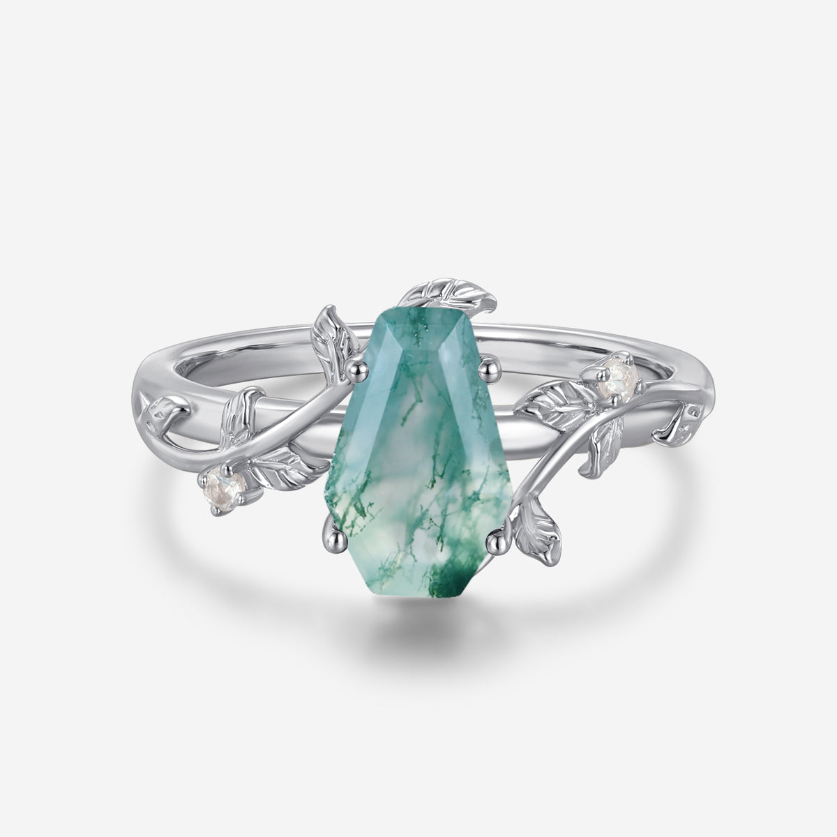 Coffin Cut Natural Green Moss Agate  Engagement Ring