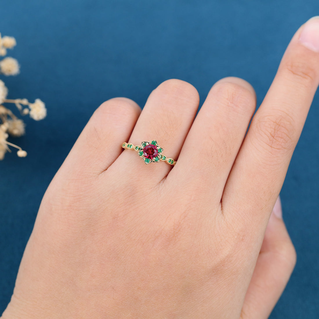 Round Cut Lab Ruby Flower Engagement Ring