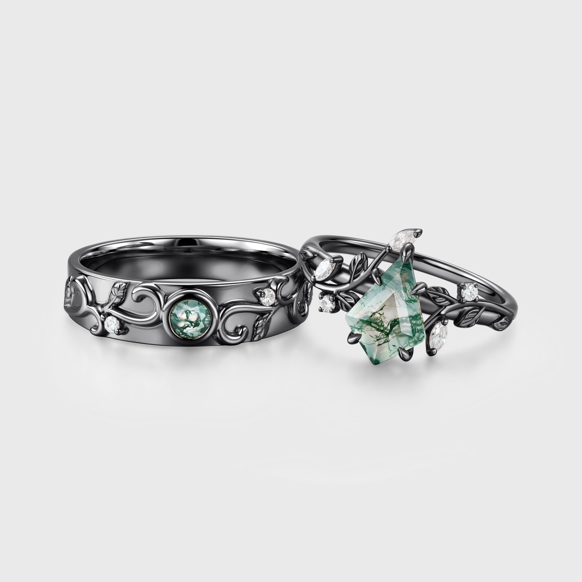 Kite Green Moss Agate & Whiskey Barrel Couples Ring Set- His and Hers Wedding Band Rose Gold Matching Promise Rings